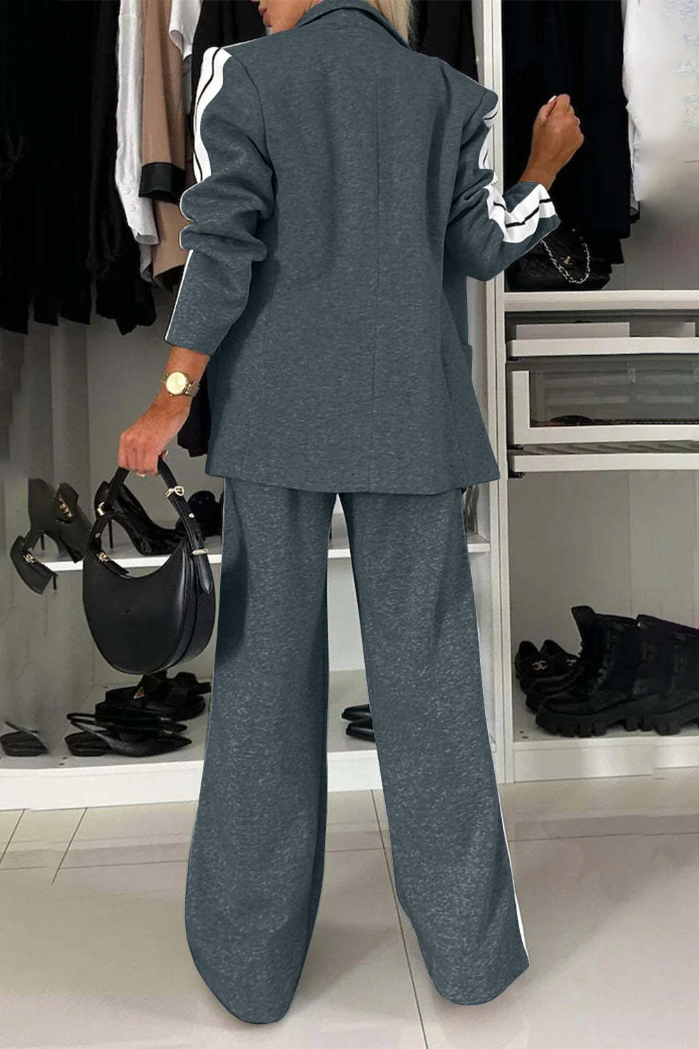 Full Size Contrast Lapel Collar Top and Pants Set - Image 16