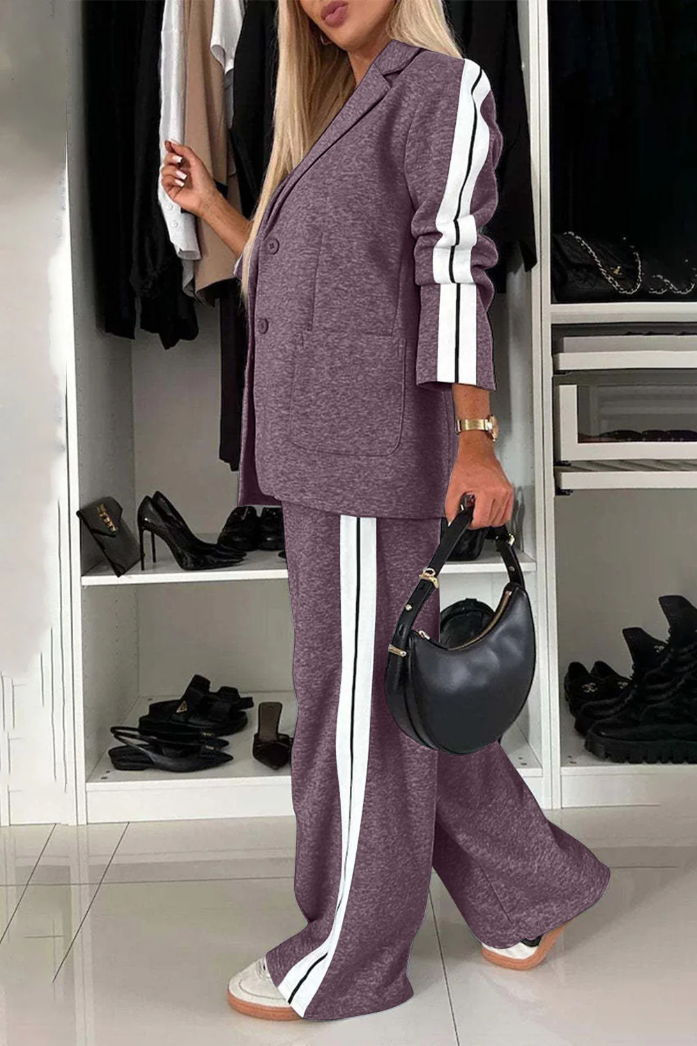Full Size Contrast Lapel Collar Top and Pants Set - Image 18