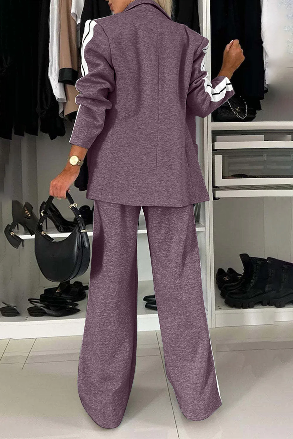 Full Size Contrast Lapel Collar Top and Pants Set - Image 19