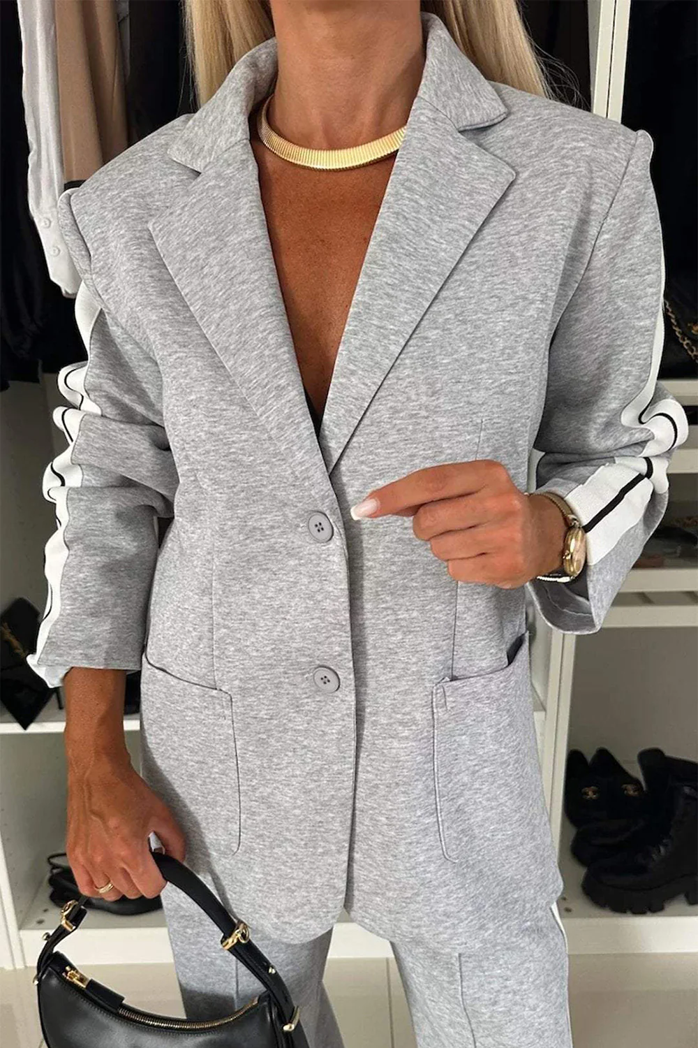Full Size Contrast Lapel Collar Top and Pants Set - Image 3