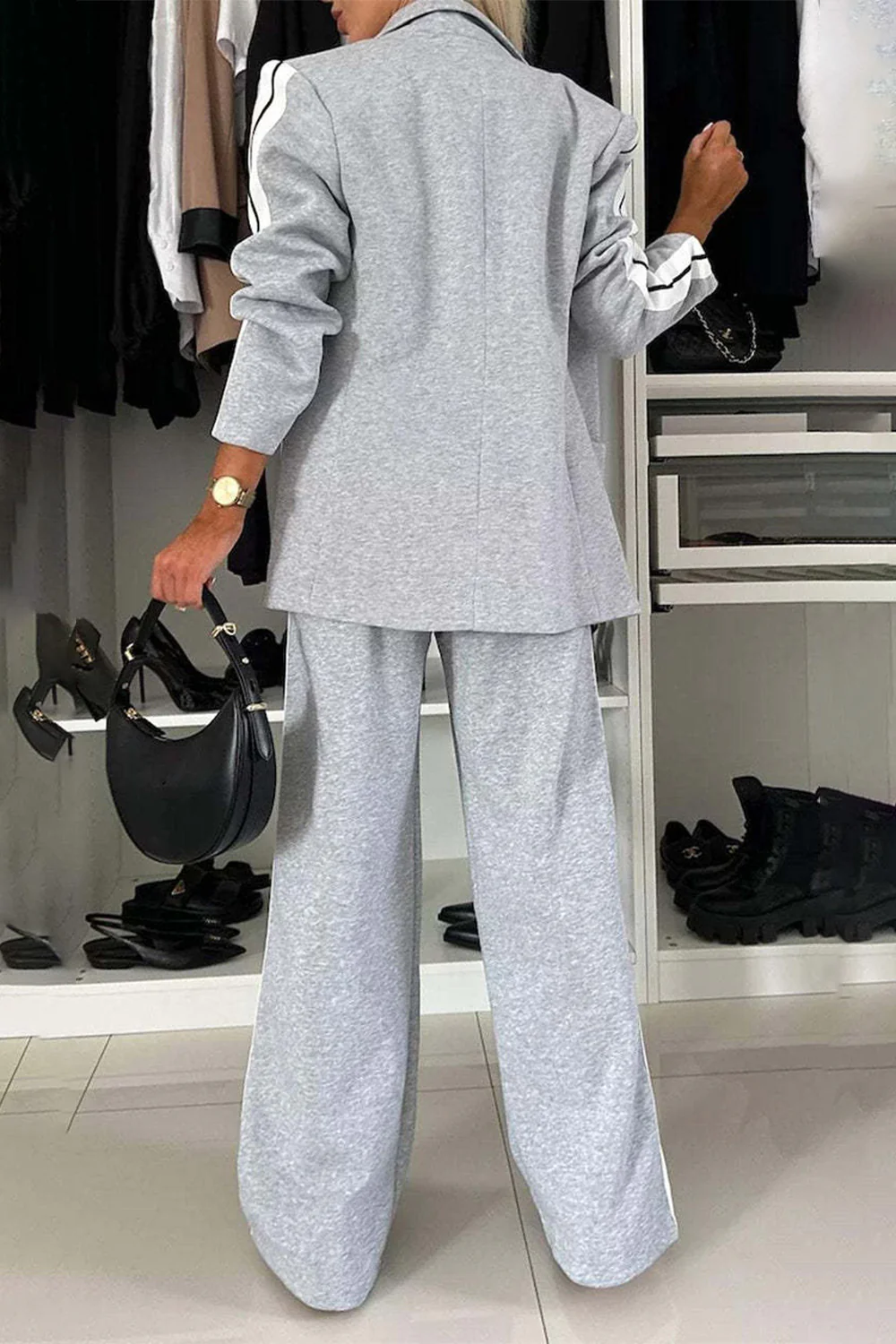 Full Size Contrast Lapel Collar Top and Pants Set - Image 4