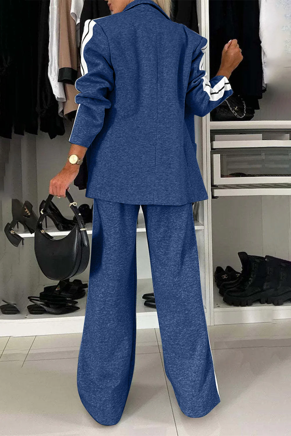 Full Size Contrast Lapel Collar Top and Pants Set - Image 7