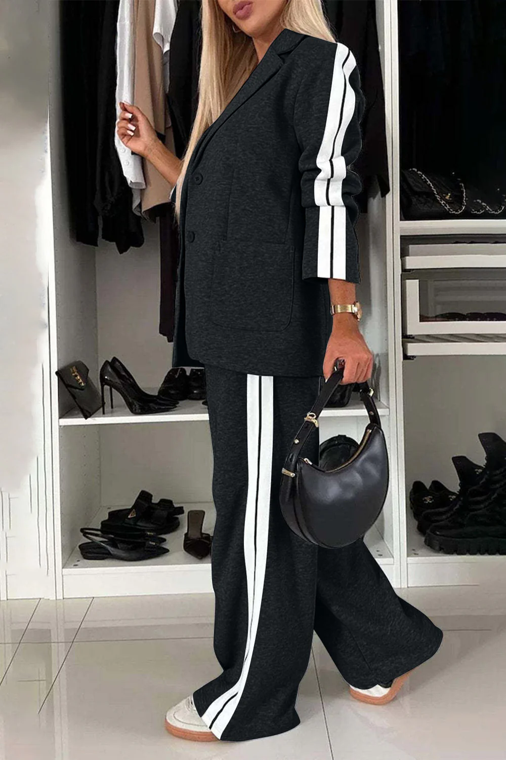 Full Size Contrast Lapel Collar Top and Pants Set - Image 9