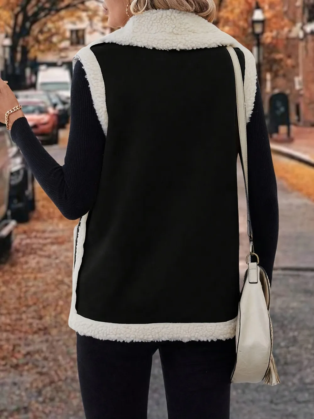Full Size Contrast Open Front Sherpa Vest Coat - Image 10