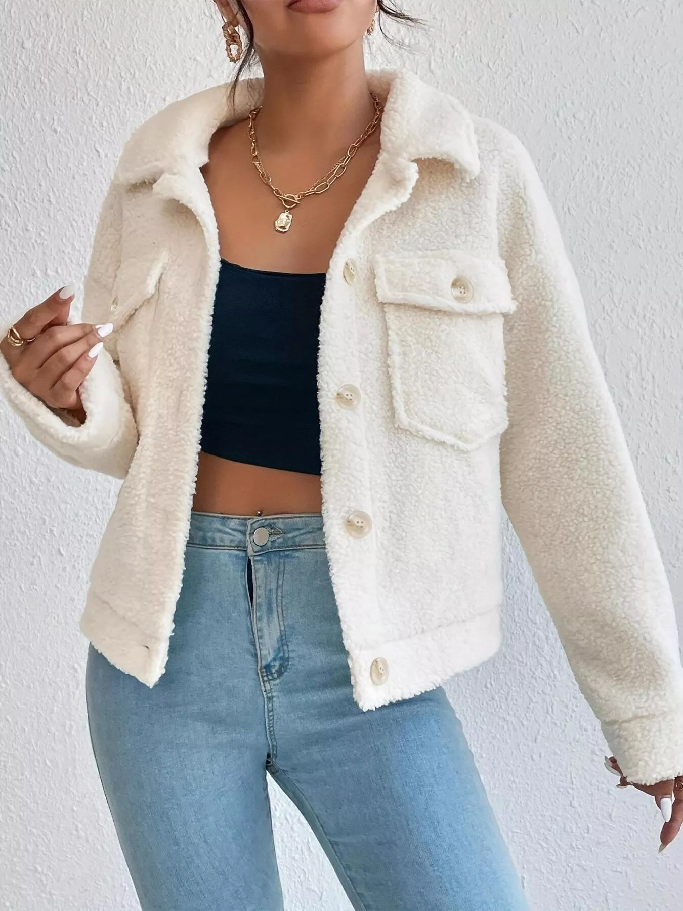 Full Size Cozy Faux Shearling Button-Up Jacket Plus Size - Image 2