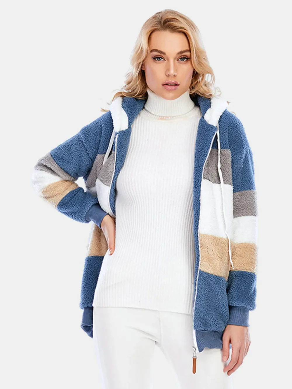Full Size Drawstring Color Block Zip Up Hooded Outerwear - Image 2