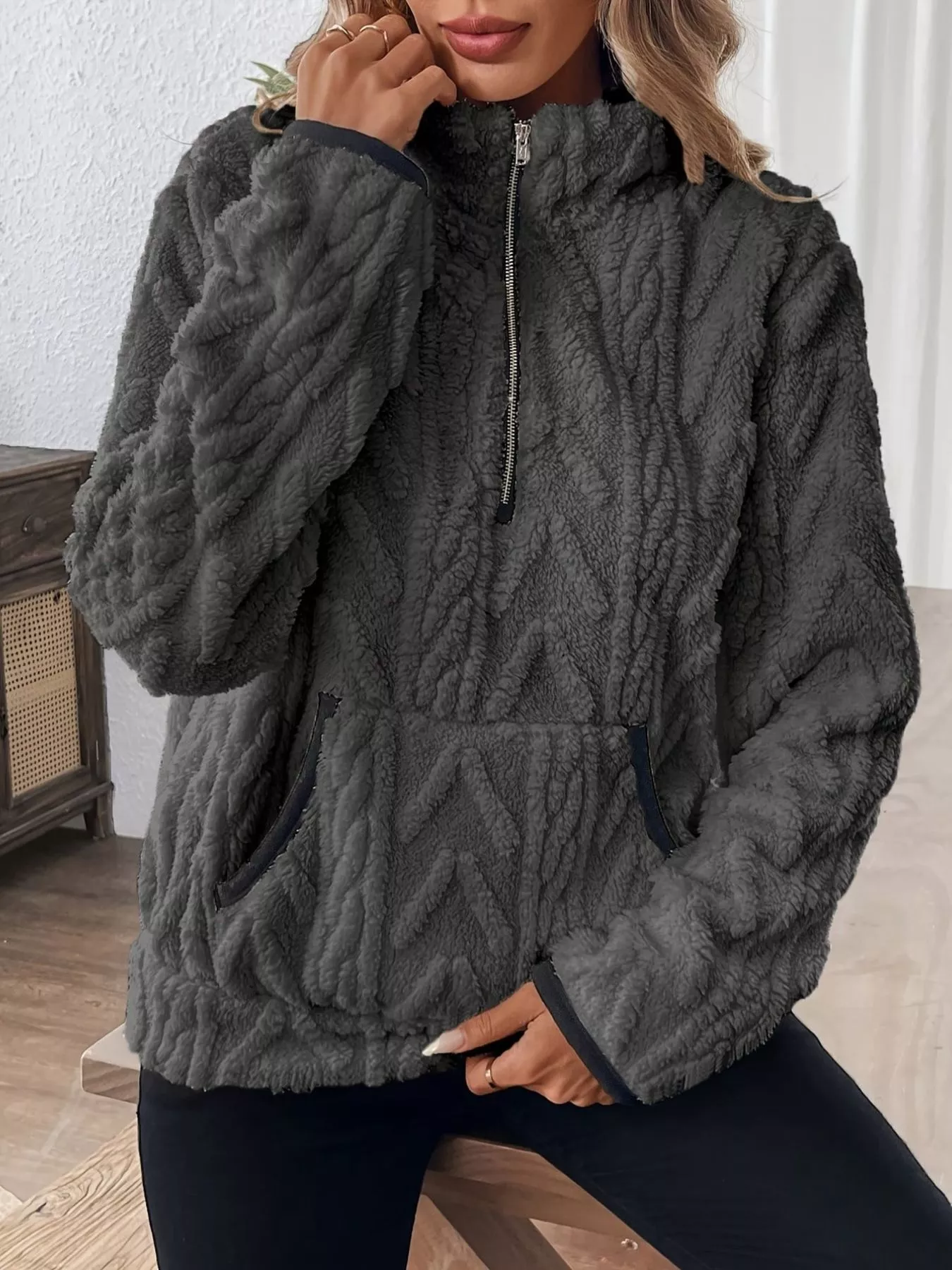 Full Size Fleece Half Zip Sweatshirt Plus Size - Image 23