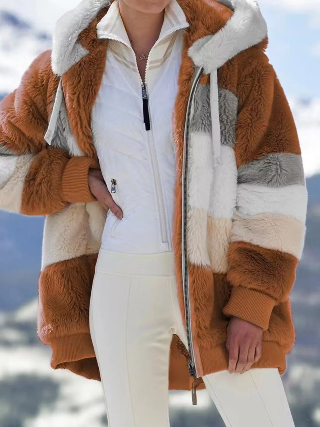 Full Size Fuzzy Zip Up Hooded Outerwear Plus Size - Image 15