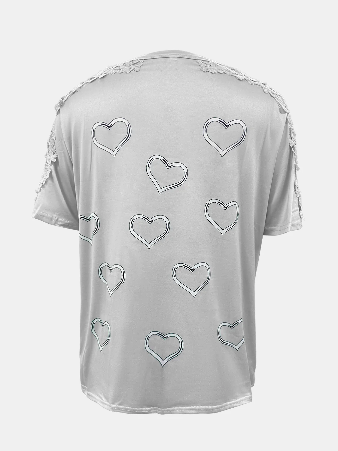 Full Size Lace Detail Heart Round Neck Short Sleeve Top - Image 12