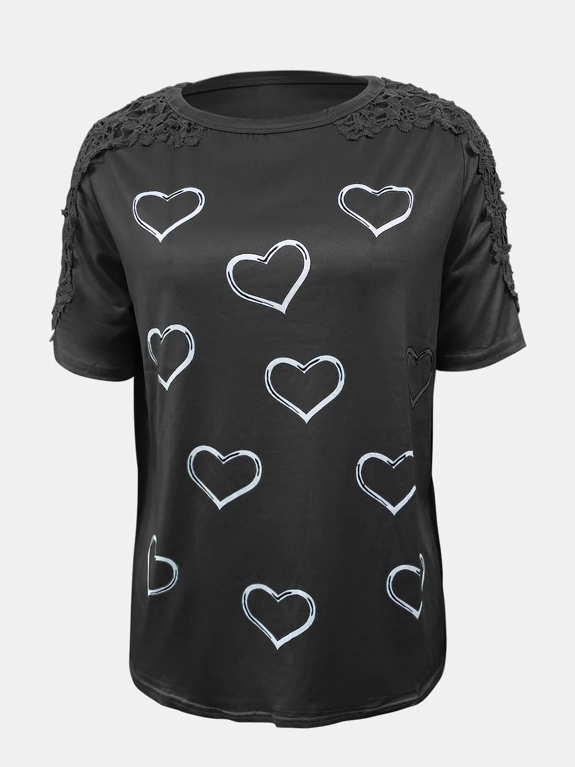 Full Size Lace Detail Heart Round Neck Short Sleeve Top - Image 14