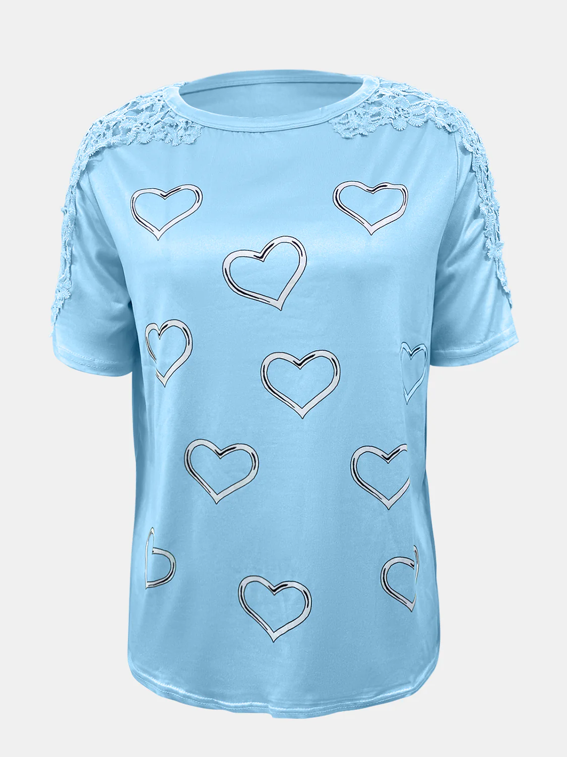 Full Size Lace Detail Heart Round Neck Short Sleeve Top - Image 2