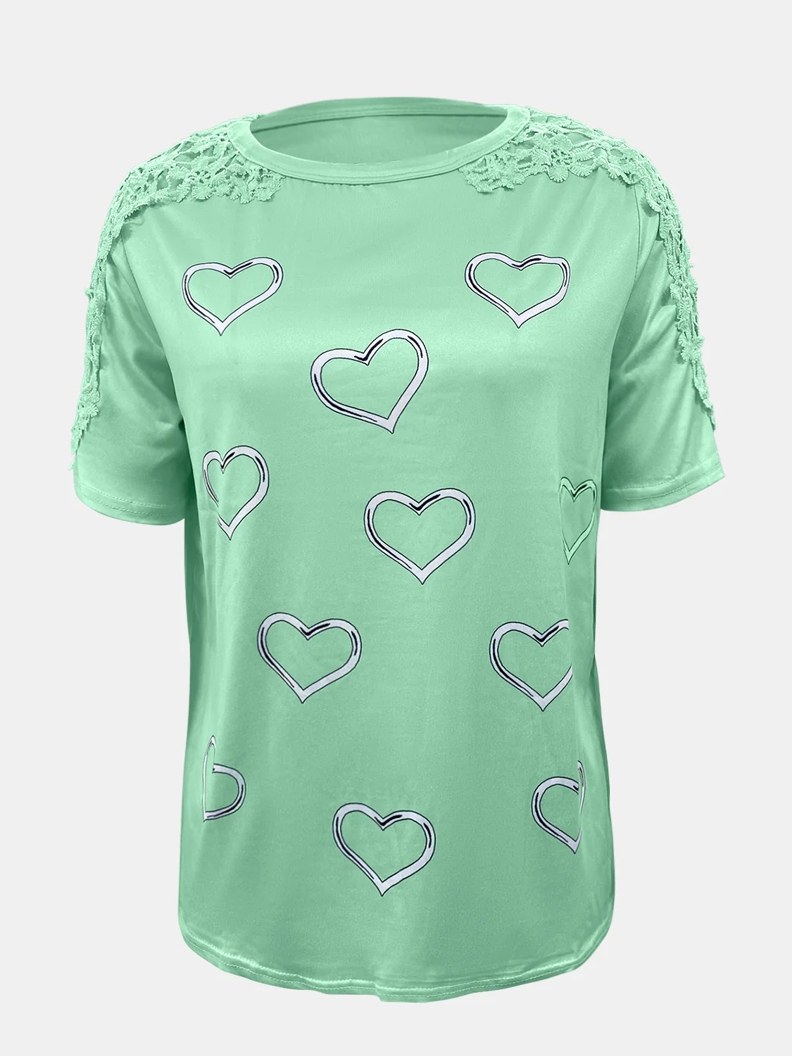 Full Size Lace Detail Heart Round Neck Short Sleeve Top - Image 6