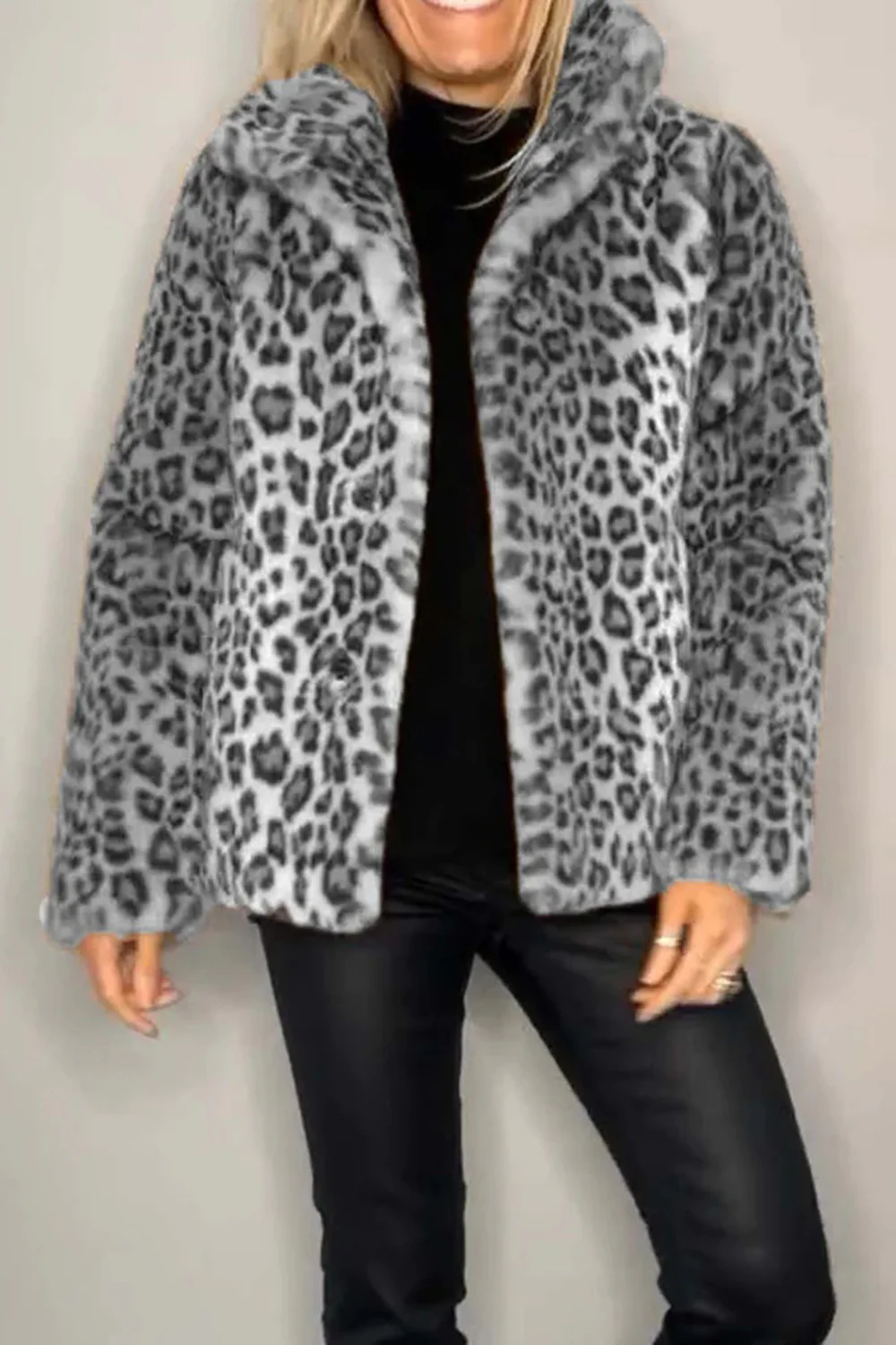 Full Size Leopard Furry Collared Neck Long Sleeve Coat - Image 5