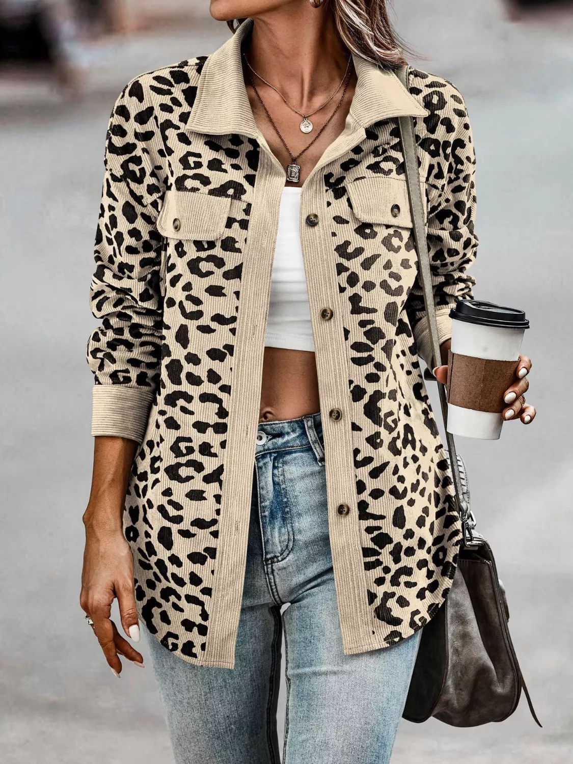 Full Size Leopard Print Button-Down Jacket Plus Size - Image 2