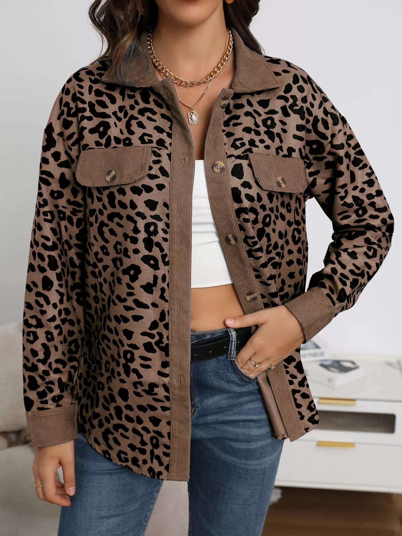 Full Size Leopard Print Button-Down Jacket Plus Size - Image 4