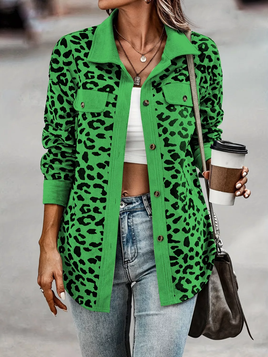 Full Size Leopard Print Button-Down Jacket Plus Size - Image 7