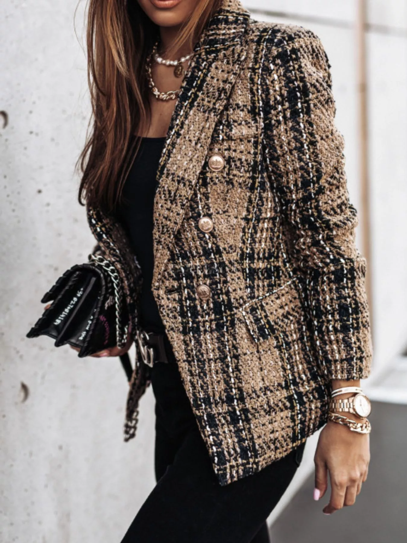 Full Size Plaid Tweed Double-Breasted Blazer Plus Size - Image 10