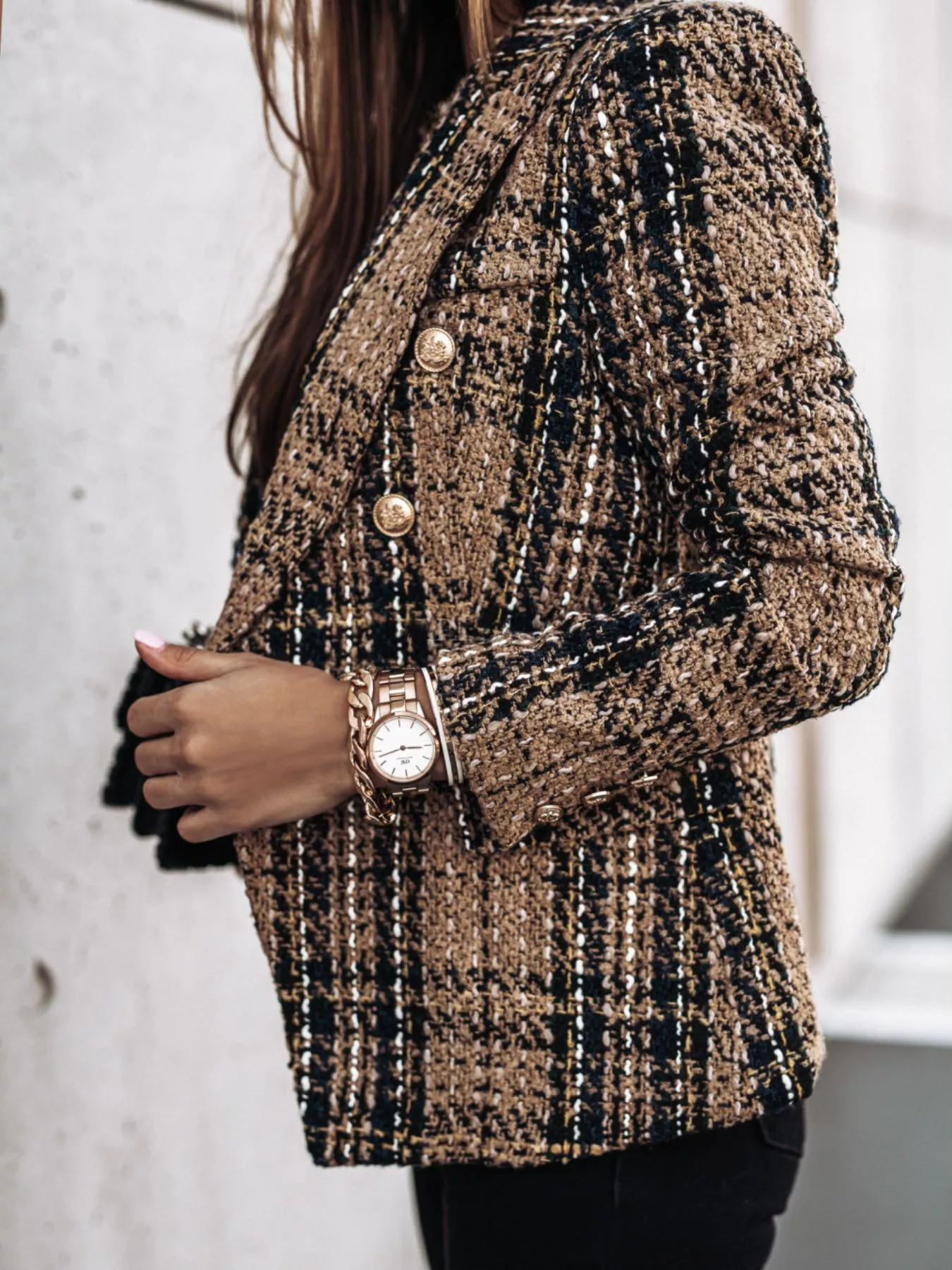 Full Size Plaid Tweed Double-Breasted Blazer Plus Size - Image 11