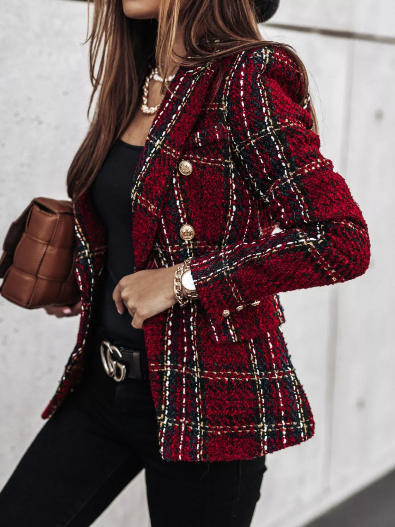 Full Size Plaid Tweed Double-Breasted Blazer Plus Size - Image 2