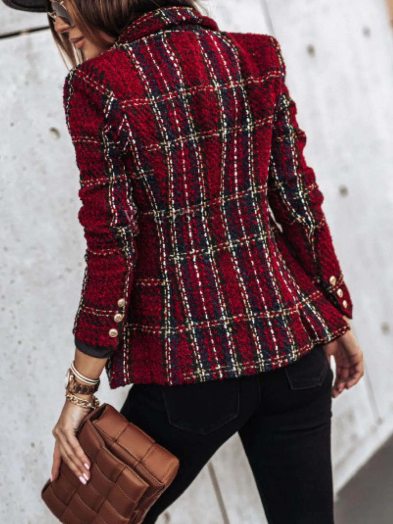 Full Size Plaid Tweed Double-Breasted Blazer Plus Size - Image 3