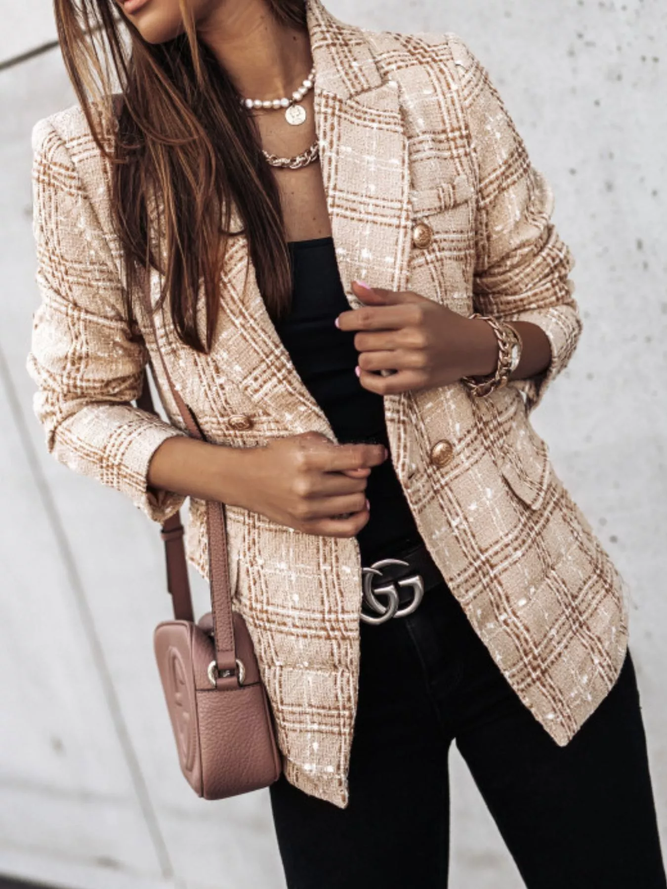 Full Size Plaid Tweed Double-Breasted Blazer Plus Size - Image 4