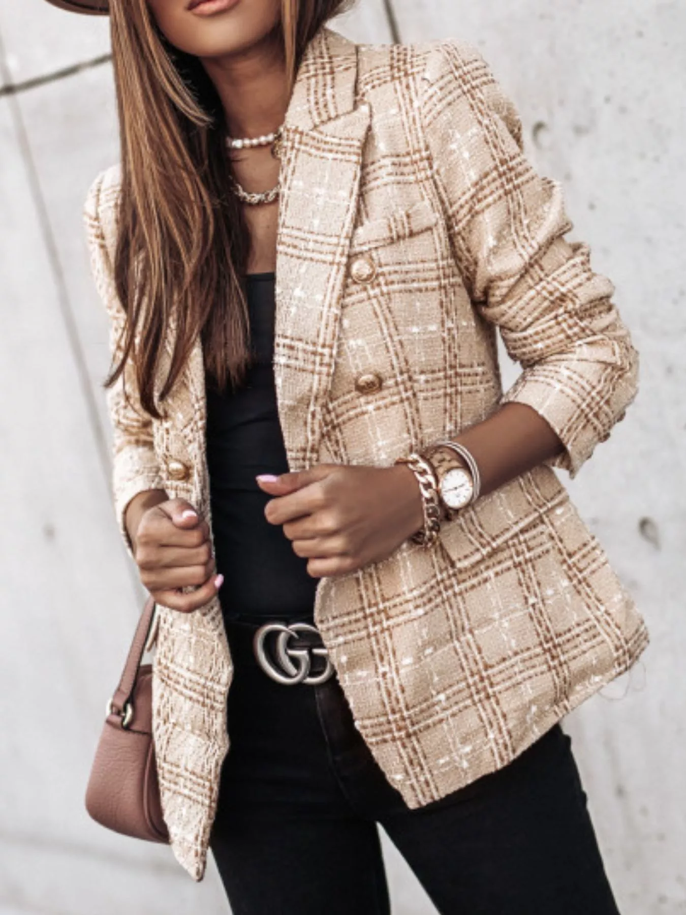 Full Size Plaid Tweed Double-Breasted Blazer Plus Size - Image 5
