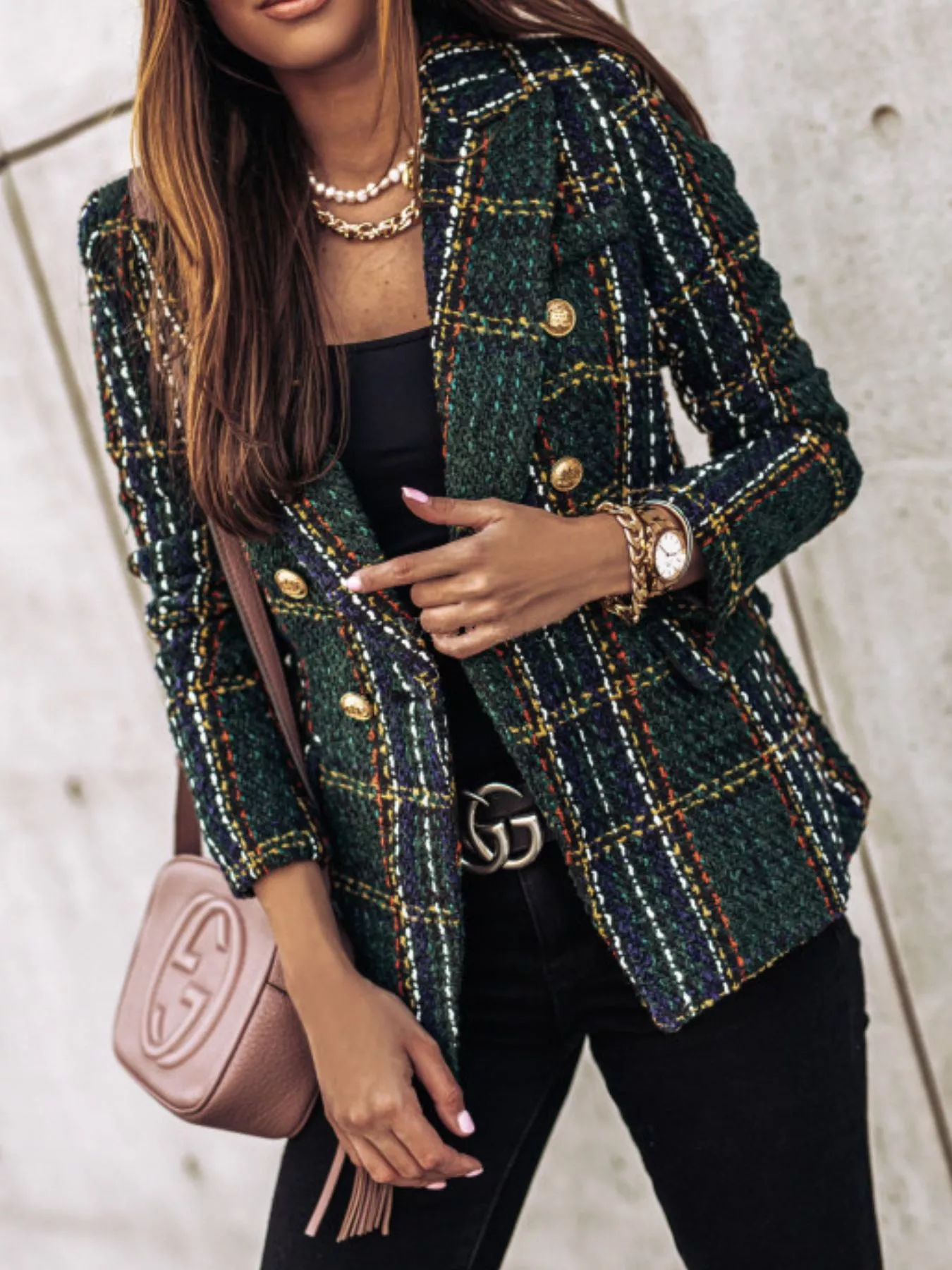 Full Size Plaid Tweed Double-Breasted Blazer Plus Size - Image 6