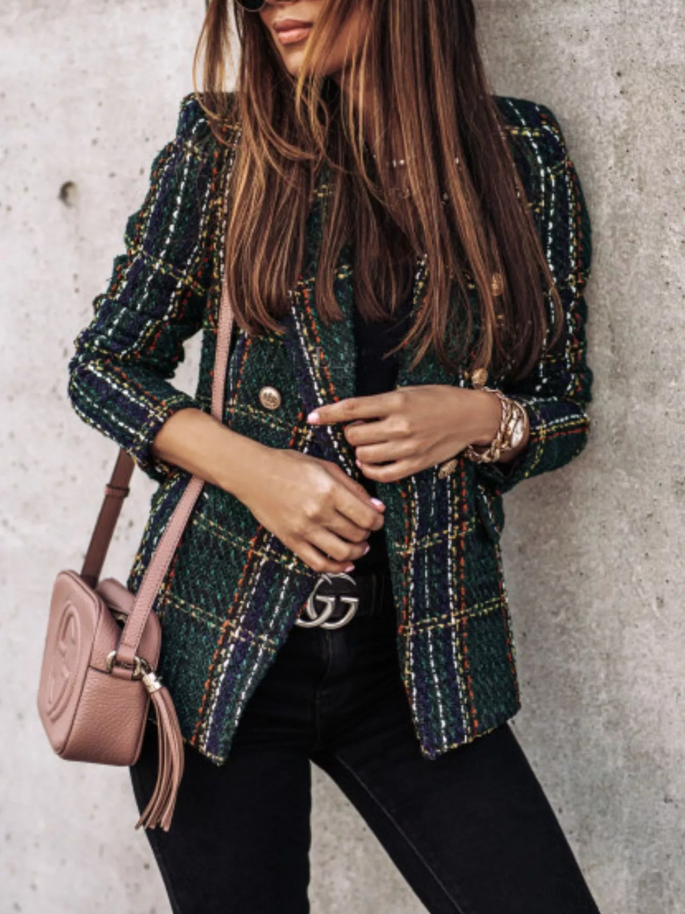 Full Size Plaid Tweed Double-Breasted Blazer Plus Size - Image 7