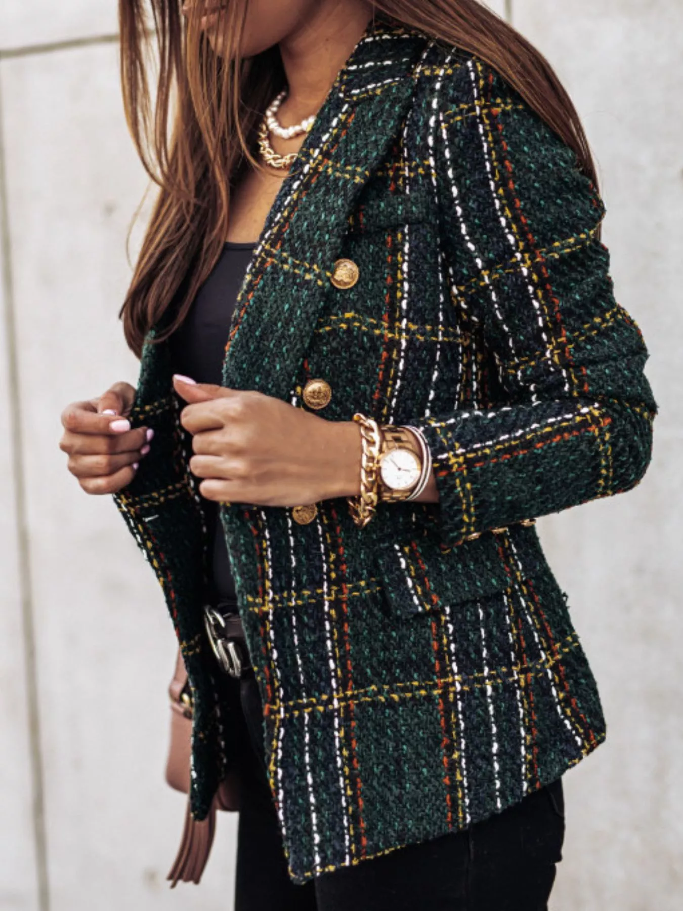 Full Size Plaid Tweed Double-Breasted Blazer Plus Size - Image 8