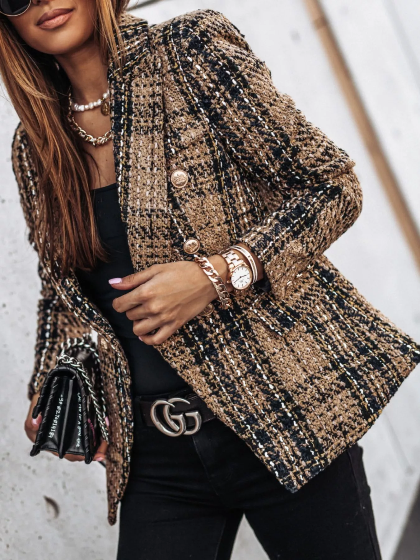Full Size Plaid Tweed Double-Breasted Blazer Plus Size - Image 9
