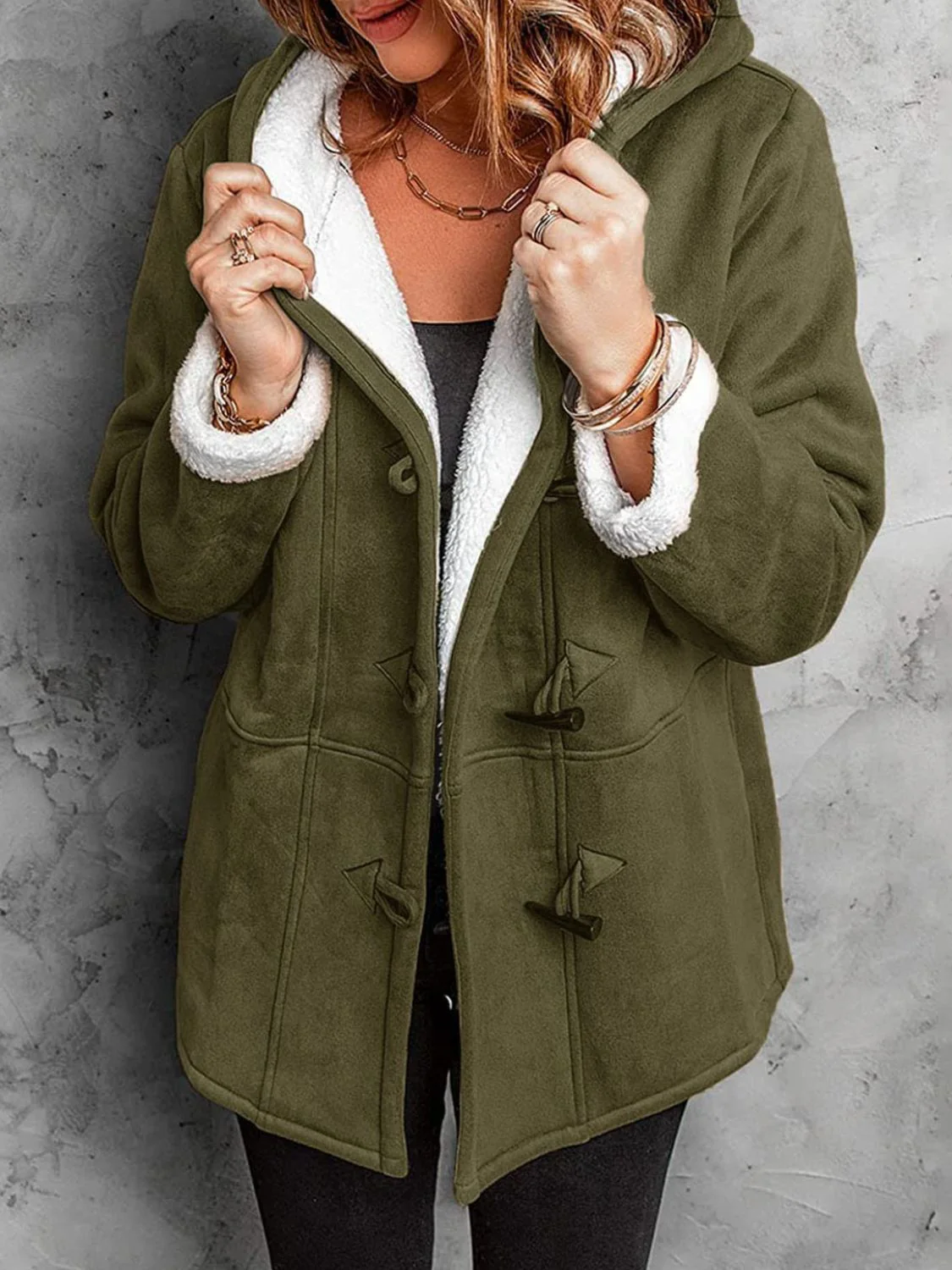 Full Size Pocketed Long Sleeve Hooded Toggle Jacket - Image 18