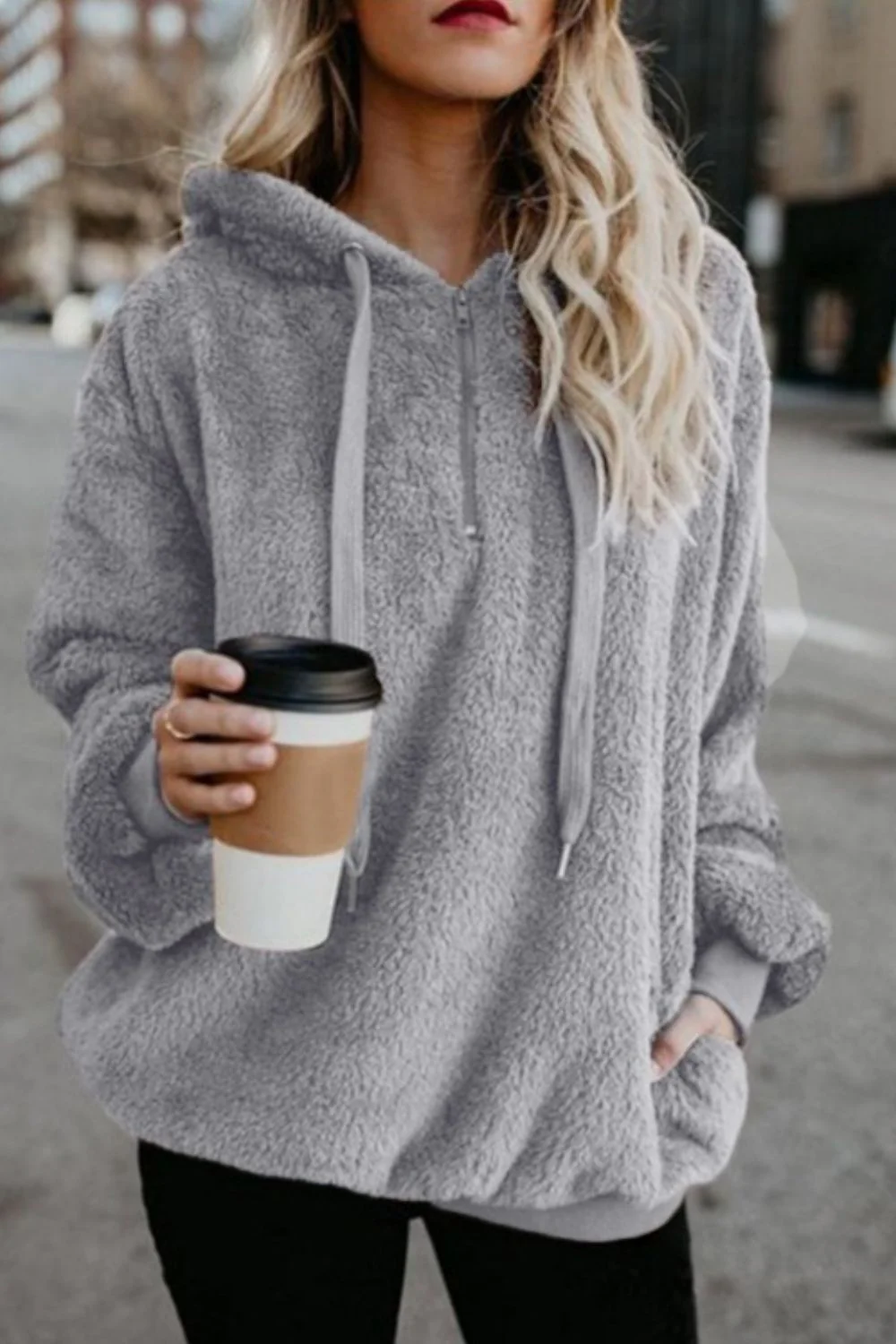 Full Size Quarter-Zip Drawstring Teddy Hoodie - Image 13