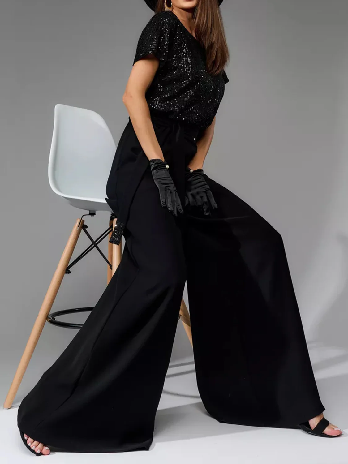 Full Size Sequin Round Neck Short Sleeve Wide Leg Jumpsuit - Image 10