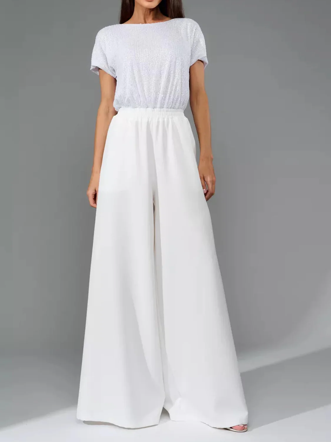 Full Size Sequin Round Neck Short Sleeve Wide Leg Jumpsuit - Image 11