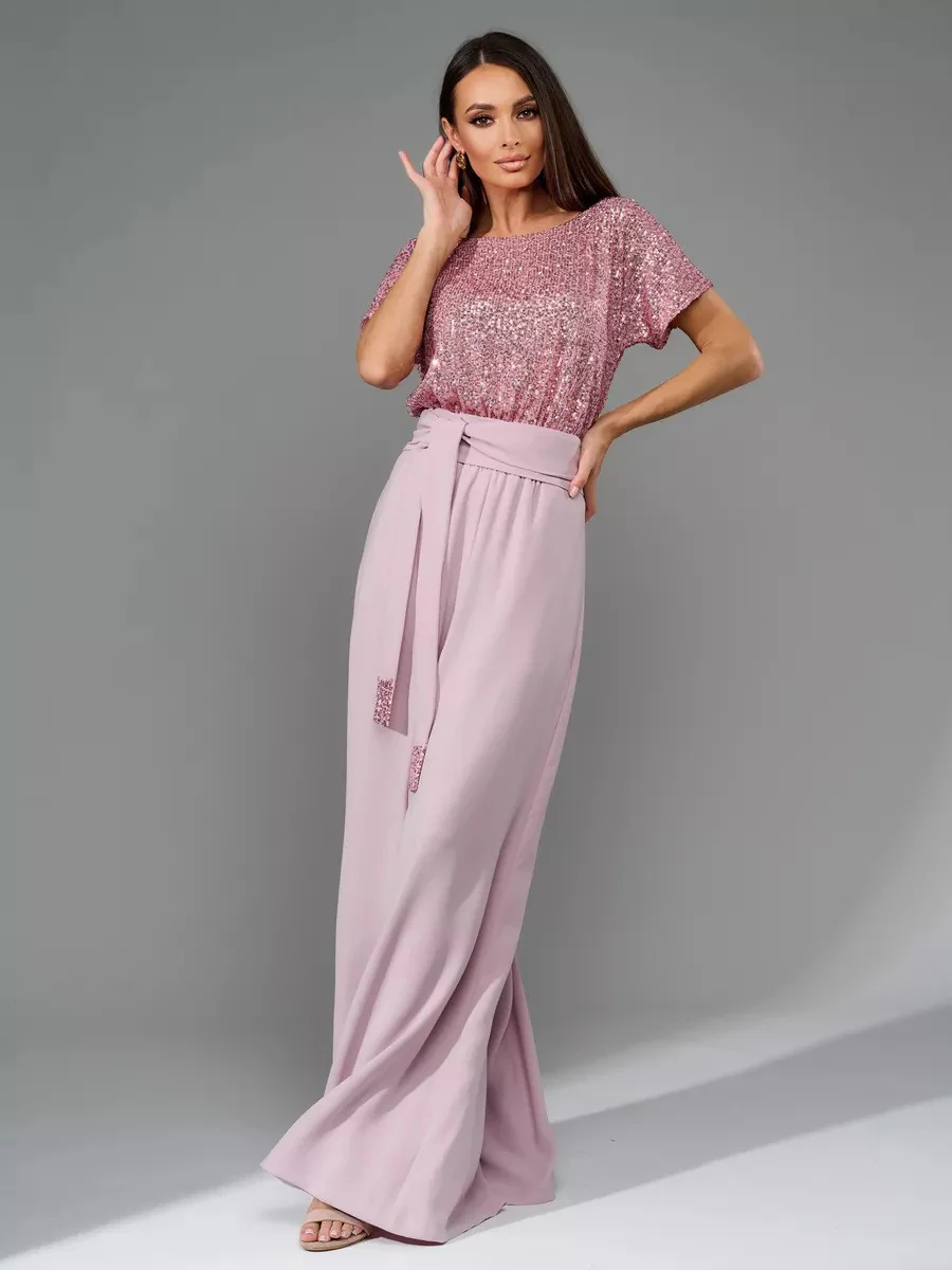 Full Size Sequin Round Neck Short Sleeve Wide Leg Jumpsuit - Image 15