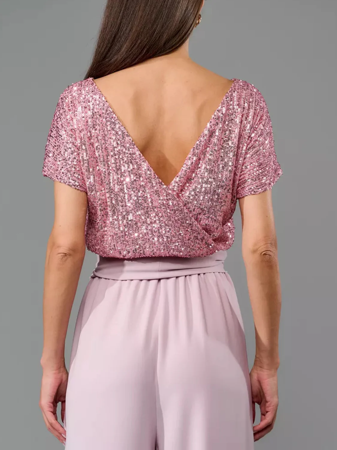 Full Size Sequin Round Neck Short Sleeve Wide Leg Jumpsuit - Image 17
