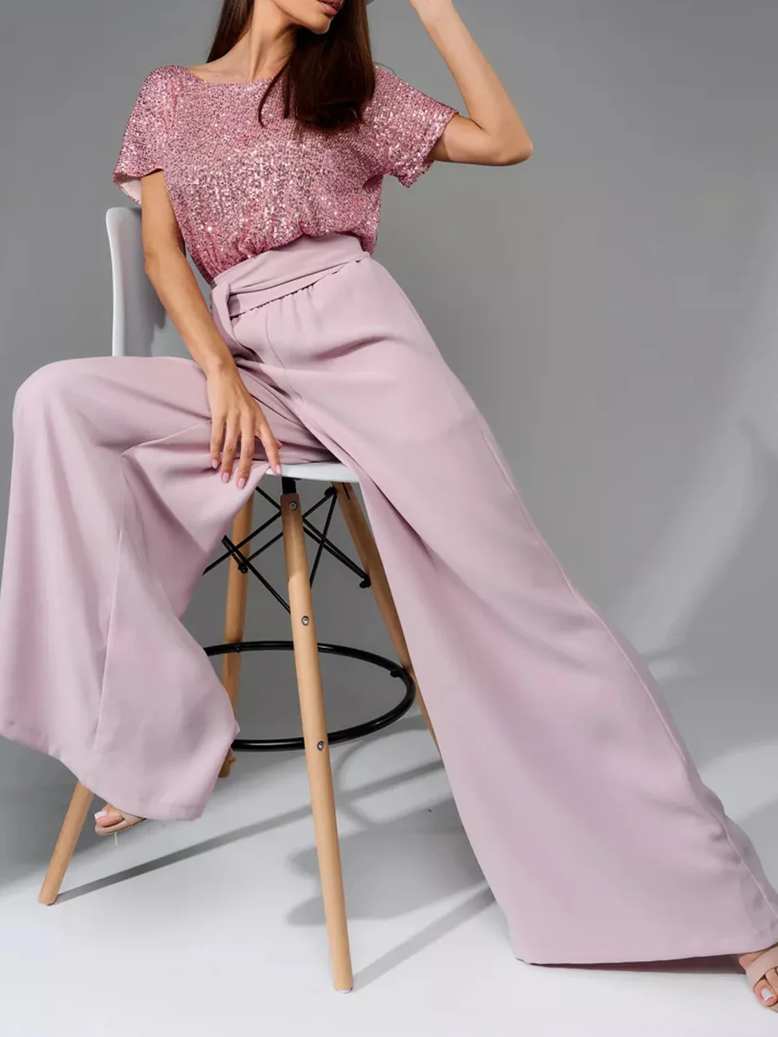 Full Size Sequin Round Neck Short Sleeve Wide Leg Jumpsuit - Image 18