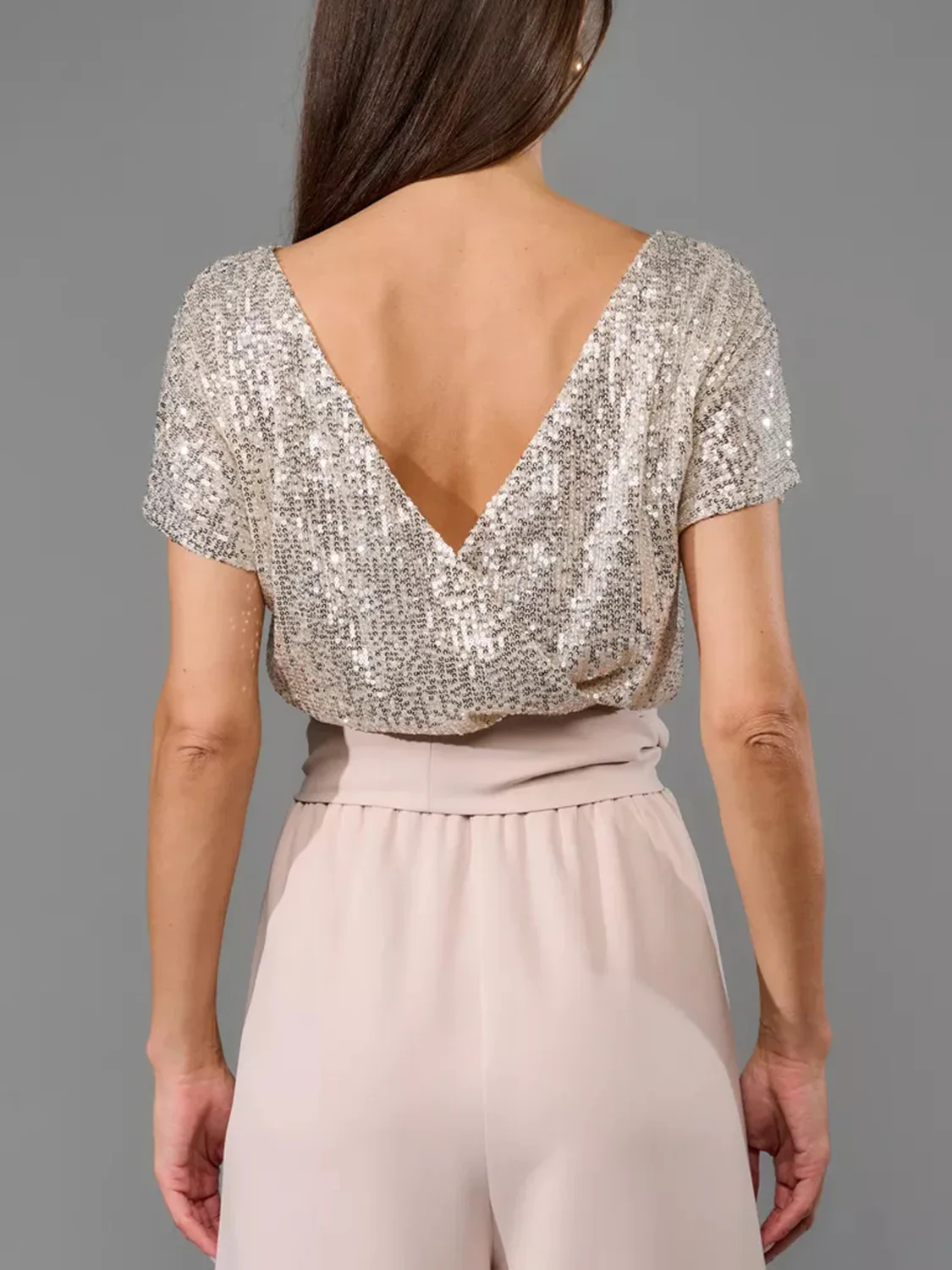 Full Size Sequin Round Neck Short Sleeve Wide Leg Jumpsuit - Image 2