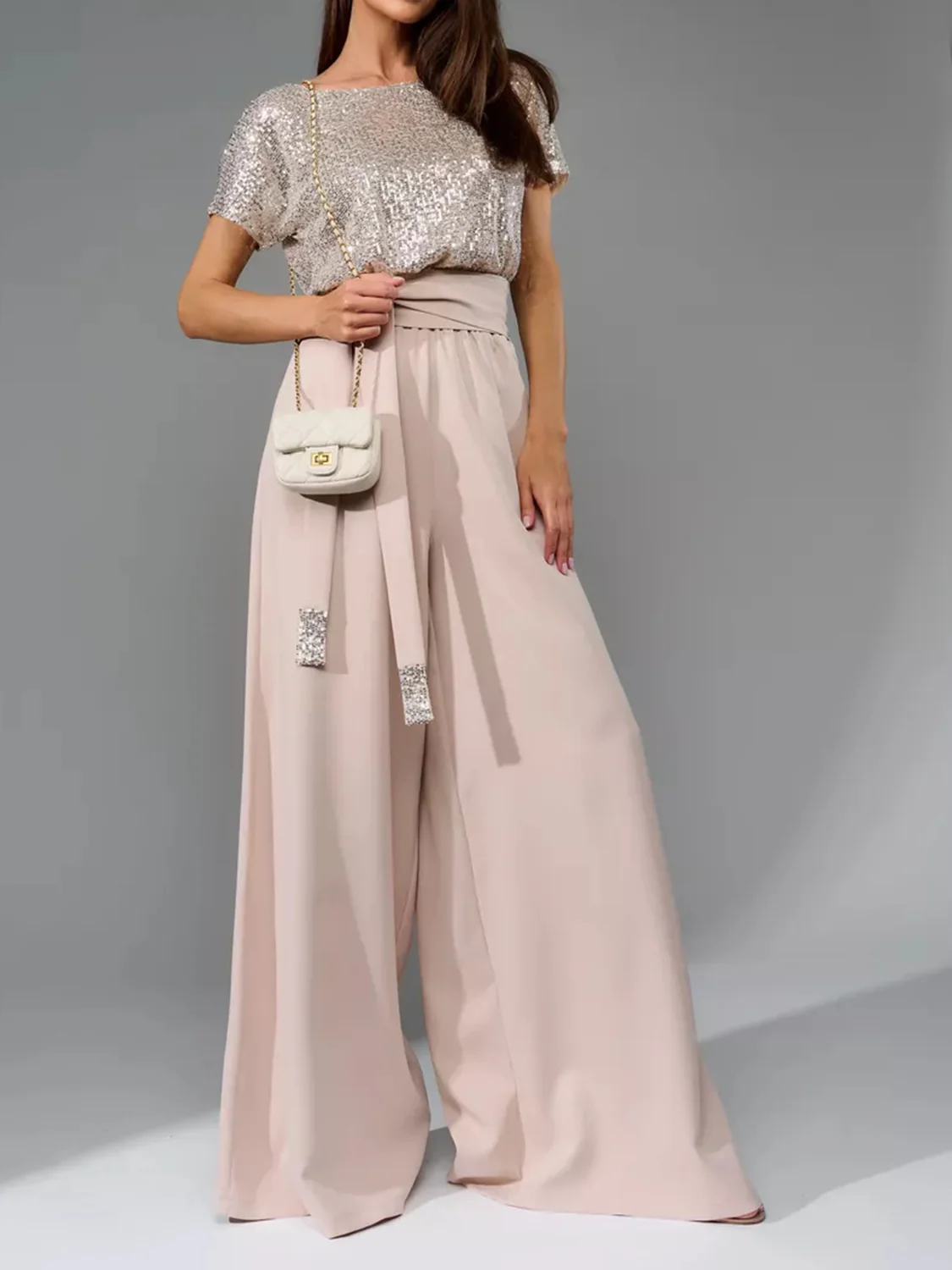 Full Size Sequin Round Neck Short Sleeve Wide Leg Jumpsuit - Image 3