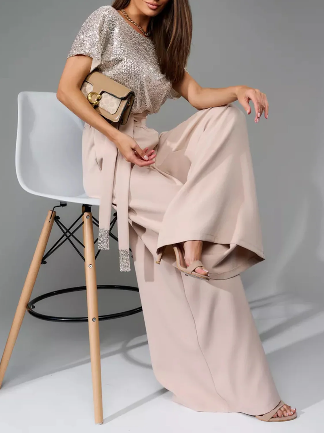 Full Size Sequin Round Neck Short Sleeve Wide Leg Jumpsuit - Image 4