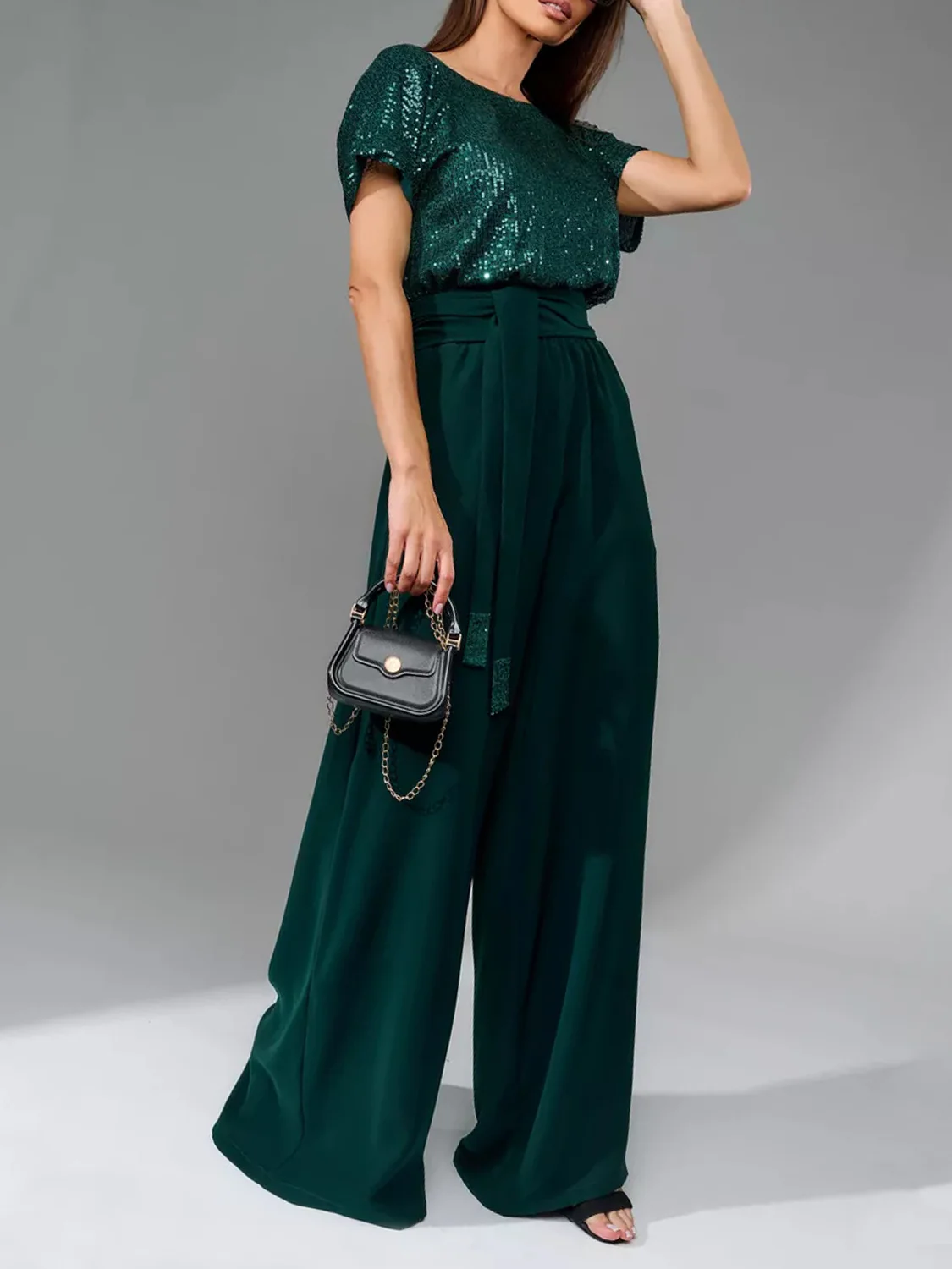 Full Size Sequin Round Neck Short Sleeve Wide Leg Jumpsuit - Image 5