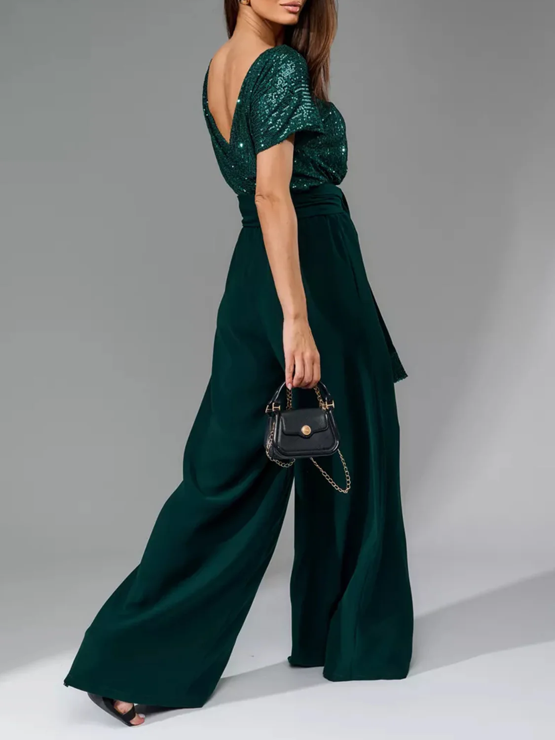 Full Size Sequin Round Neck Short Sleeve Wide Leg Jumpsuit - Image 6