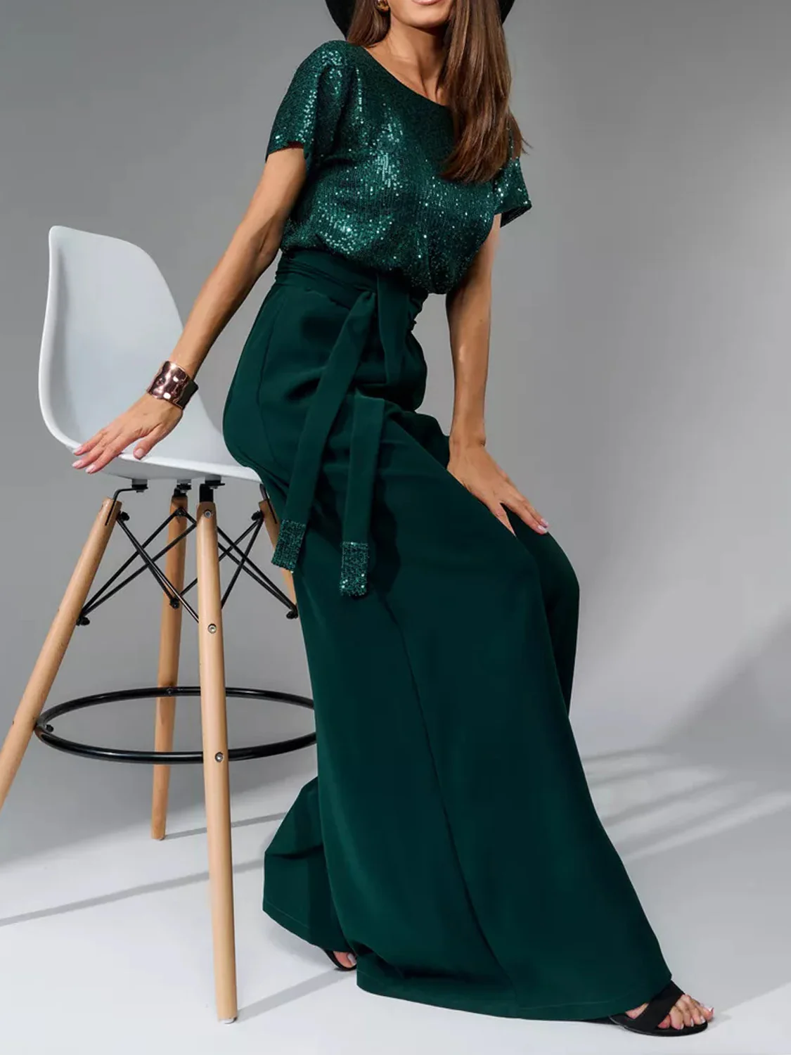 Full Size Sequin Round Neck Short Sleeve Wide Leg Jumpsuit - Image 7
