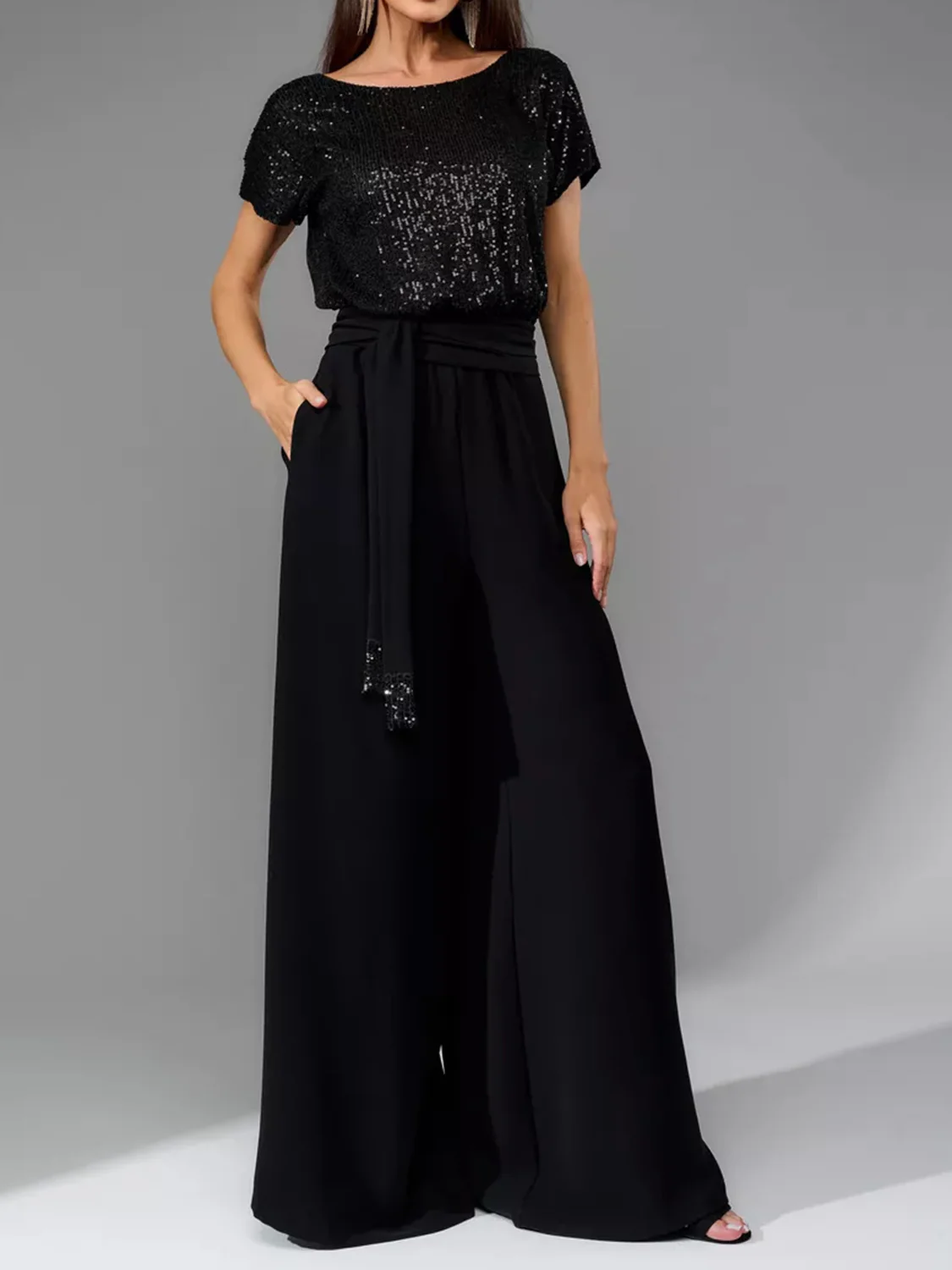 Full Size Sequin Round Neck Short Sleeve Wide Leg Jumpsuit - Image 8