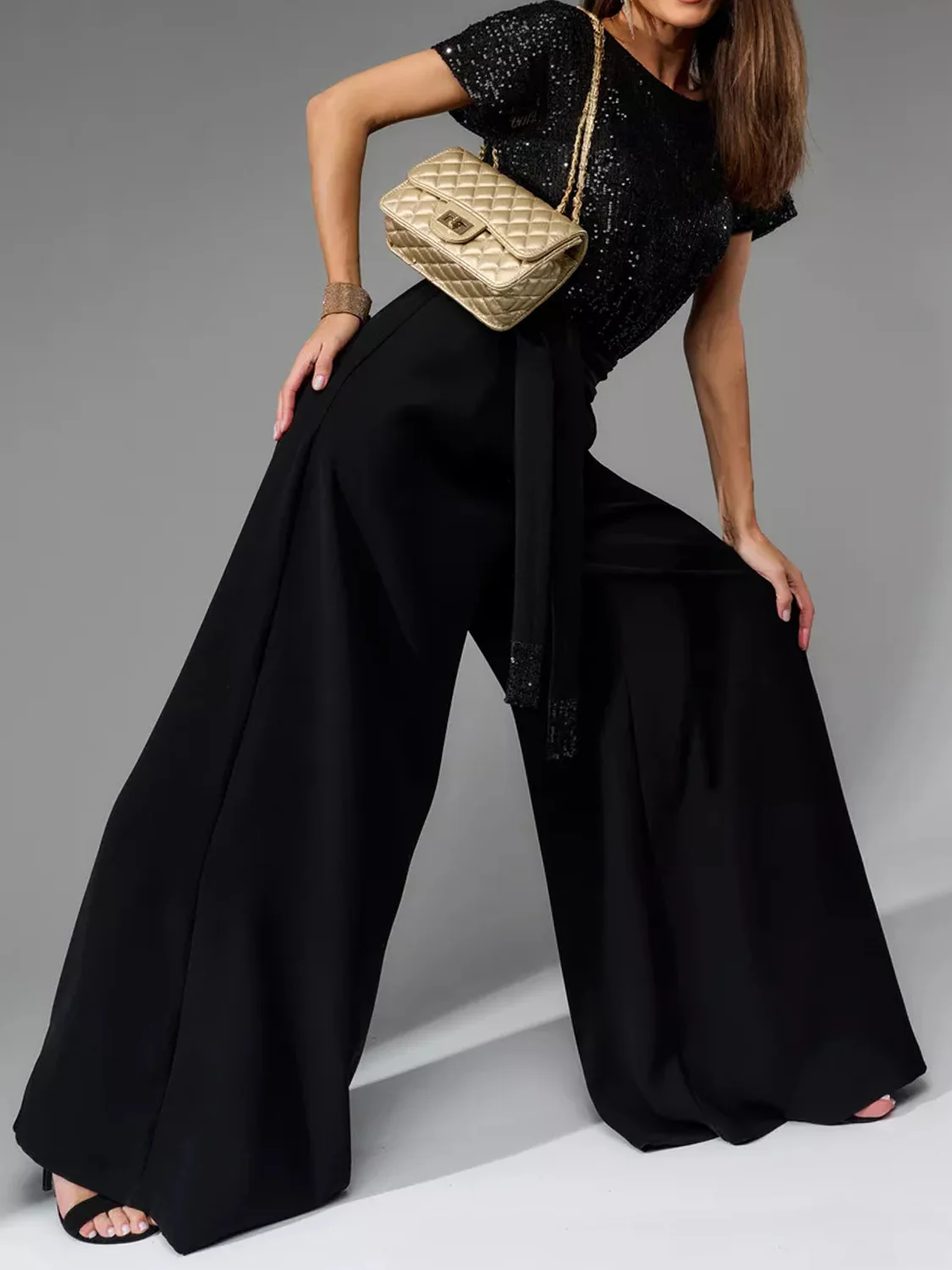 Full Size Sequin Round Neck Short Sleeve Wide Leg Jumpsuit - Image 9