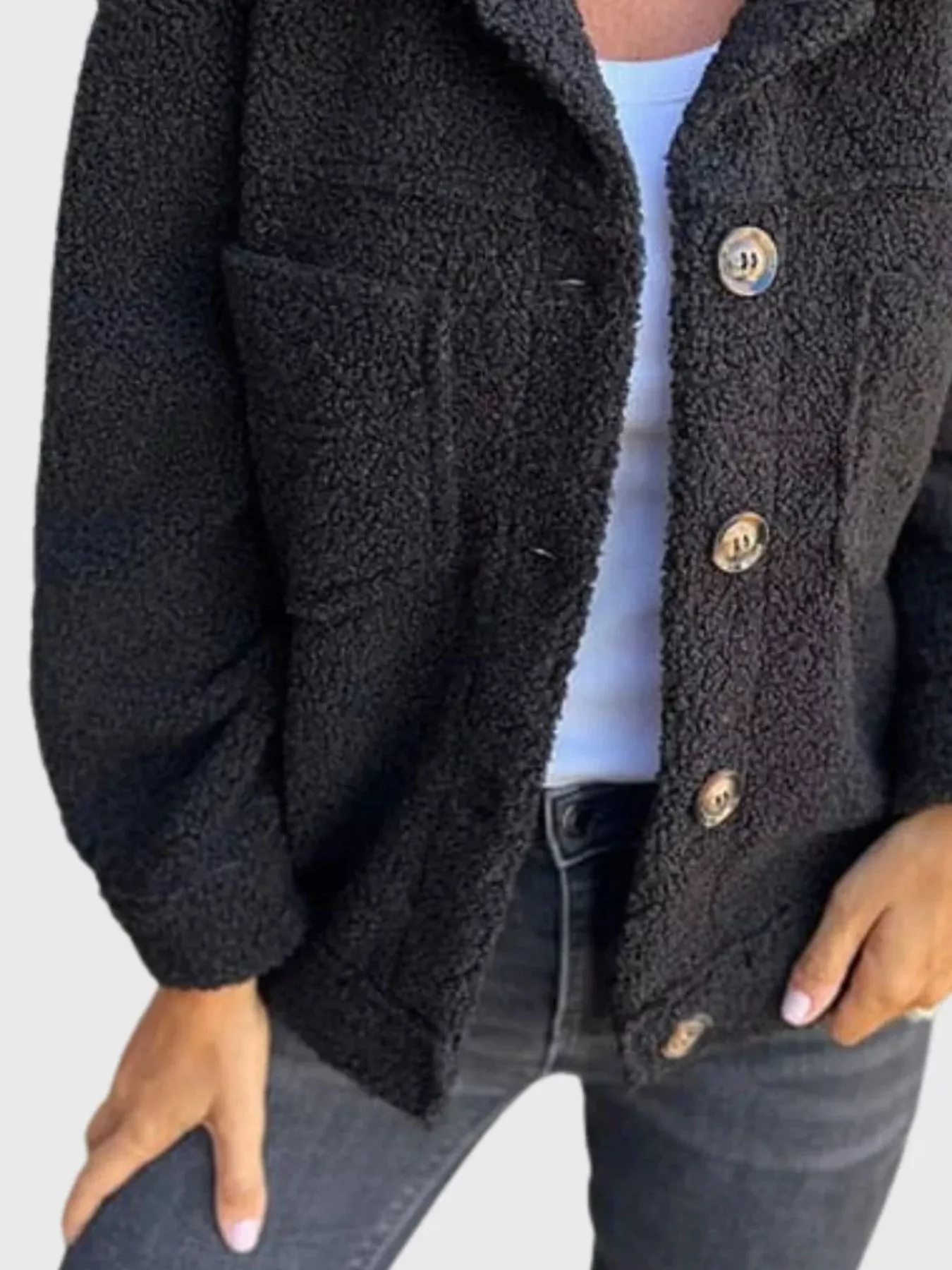 Full Size Single-Breasted Sherpa Shacket Plus Size - Image 6