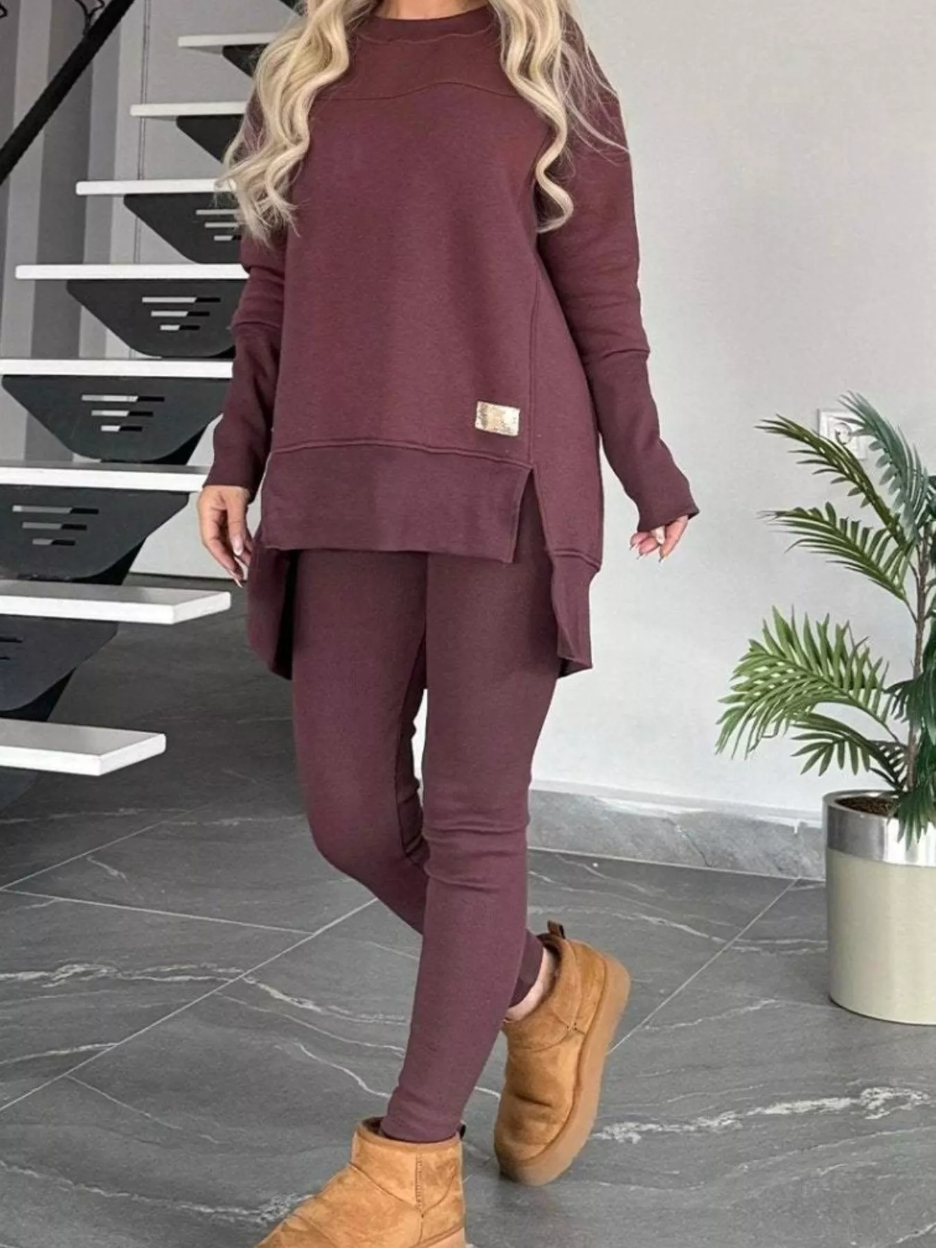 Full Size Slit Round Neck Top and Pants Set Plus Size - Image 10
