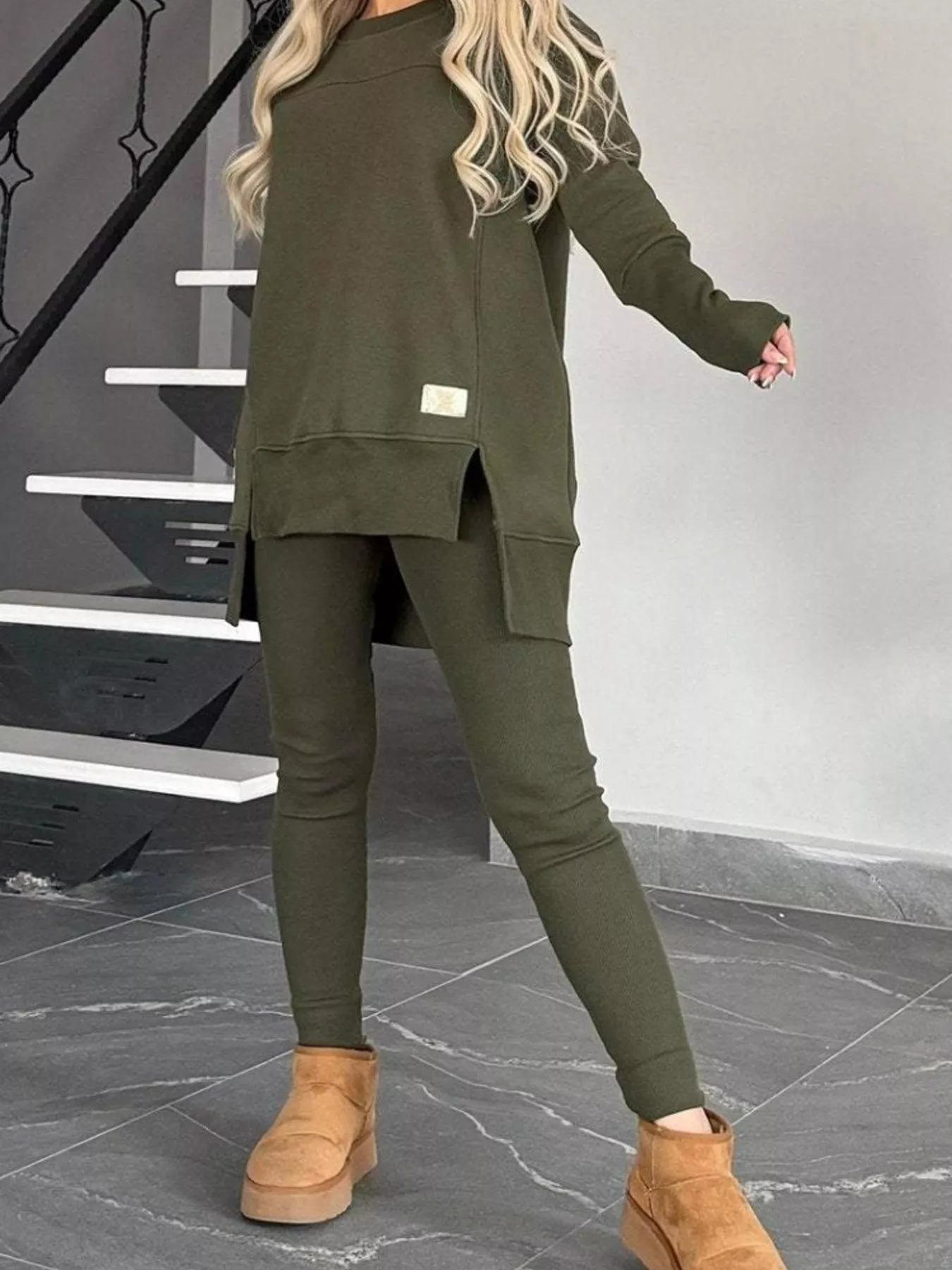 Full Size Slit Round Neck Top and Pants Set Plus Size - Image 7