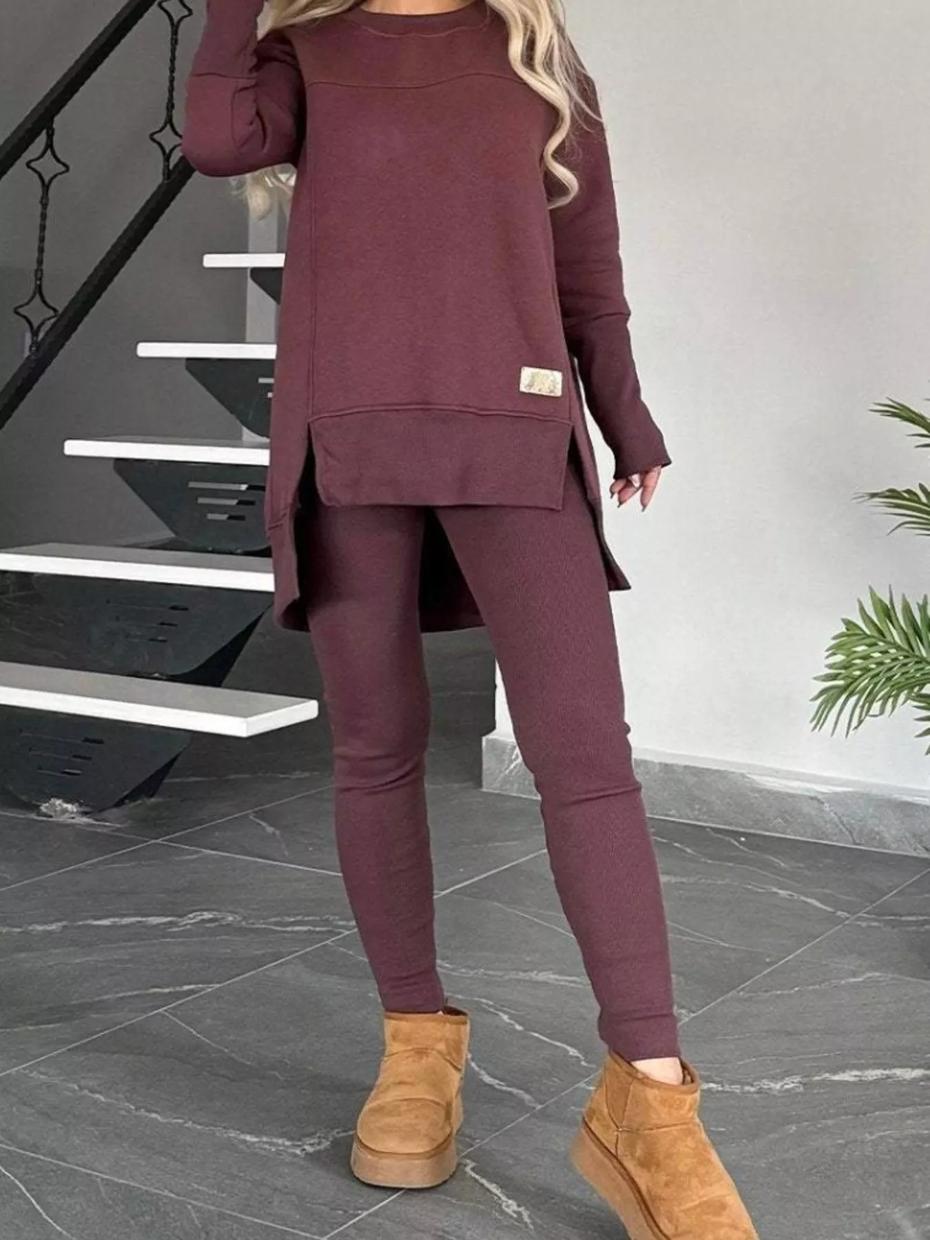 Full Size Slit Round Neck Top and Pants Set Plus Size - Image 8