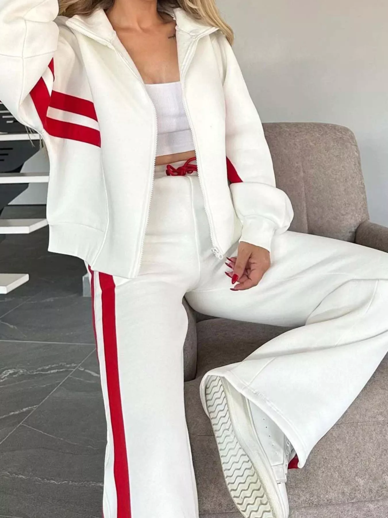 Full Size Striped Zip Up Outerwear and Pants Set Plus Size - Image 2